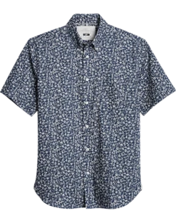 Joseph Abboud Modern Fit Short Sleeve Sport Shirt, Navy Fossil Leaf