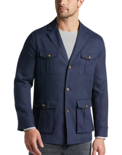 Joseph Abboud Modern Fit Linen Notch Collar 4-Pocket Soft Jacket, Navy